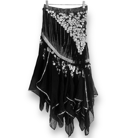 Assymetric Full Flounce Plisse Dance Midi Skirt Chiffon Faux Coins Gothic (M) - Picture 3 of 10
